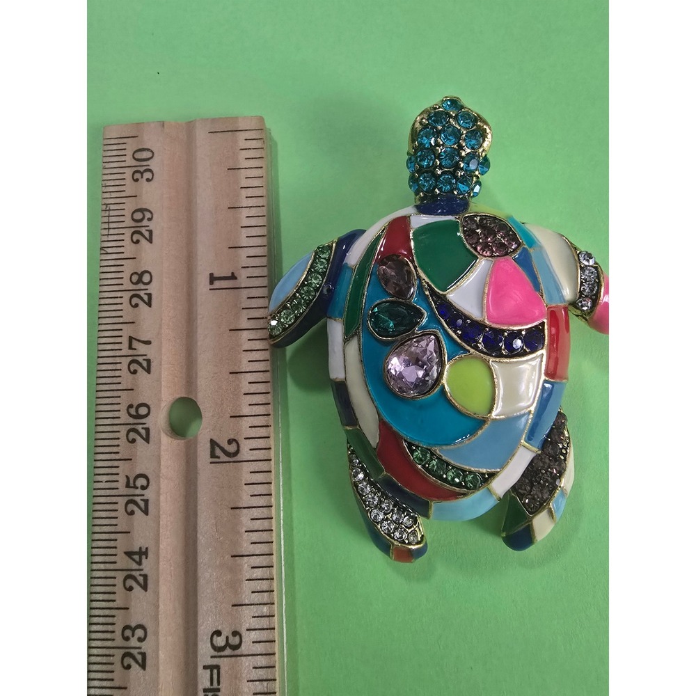 Multi Color Enamel Turtle Brooch Gold Tone Rhinestone Sea Turtle Pin Accessory - Picture 6 of 6